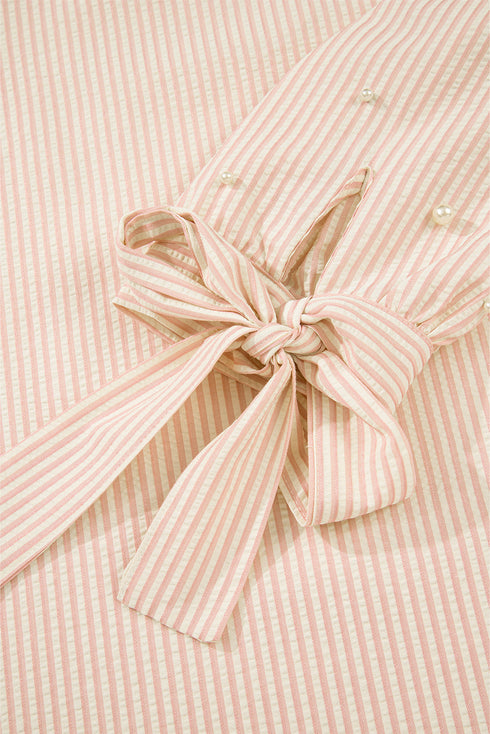 Striped Textured Pearl Embellished Bow Cuff Puff Sleeve Blouse
