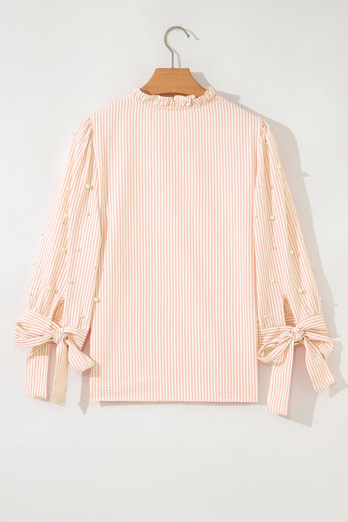 Striped Textured Pearl Embellished Bow Cuff Puff Sleeve Blouse