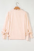 Striped Textured Pearl Embellished Bow Cuff Puff Sleeve Blouse