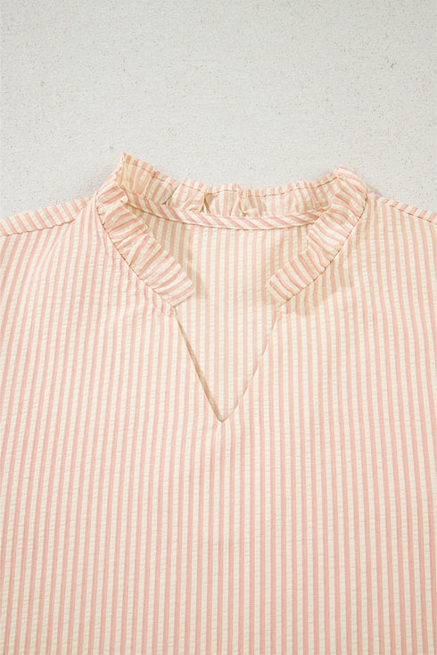 Striped Textured Pearl Embellished Bow Cuff Puff Sleeve Blouse