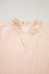Striped Textured Pearl Embellished Bow Cuff Puff Sleeve Blouse