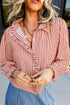 Striped Textured Ruffle Trim Button Up Long Sleeve Shirt