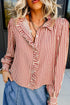 Striped Textured Ruffle Trim Button Up Long Sleeve Shirt
