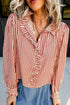 Striped Textured Ruffle Trim Button Up Long Sleeve Shirt