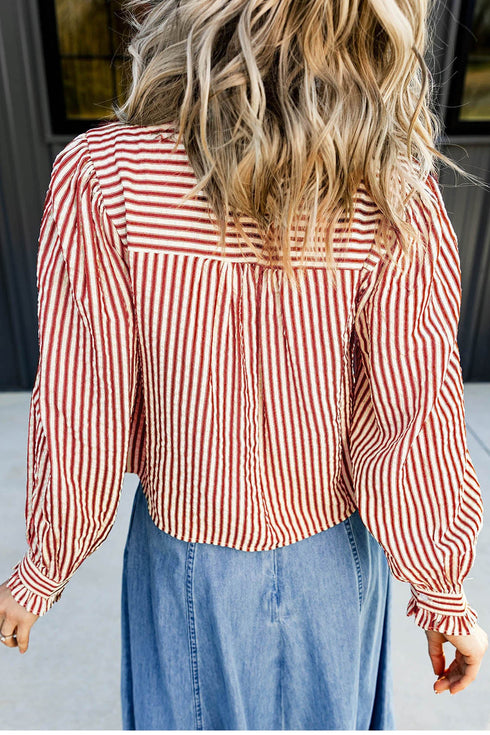 Striped Textured Ruffle Trim Button Up Long Sleeve Shirt