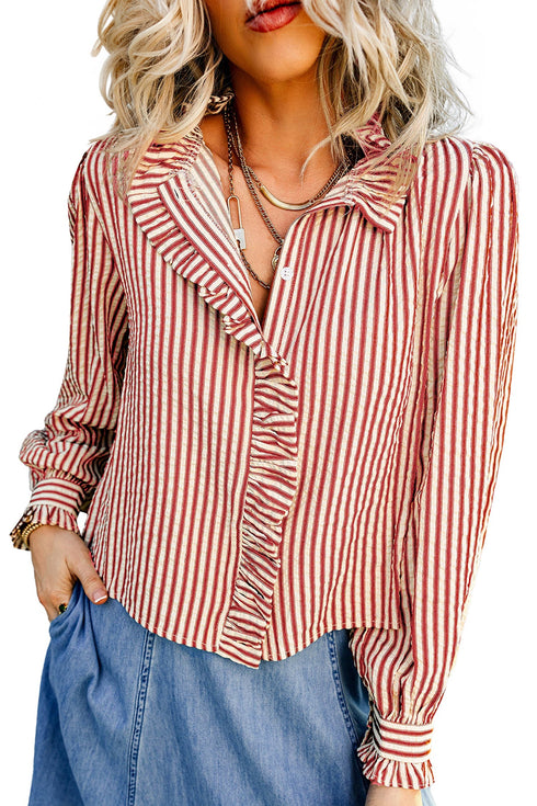 Striped Textured Ruffle Trim Button Up Long Sleeve Shirt