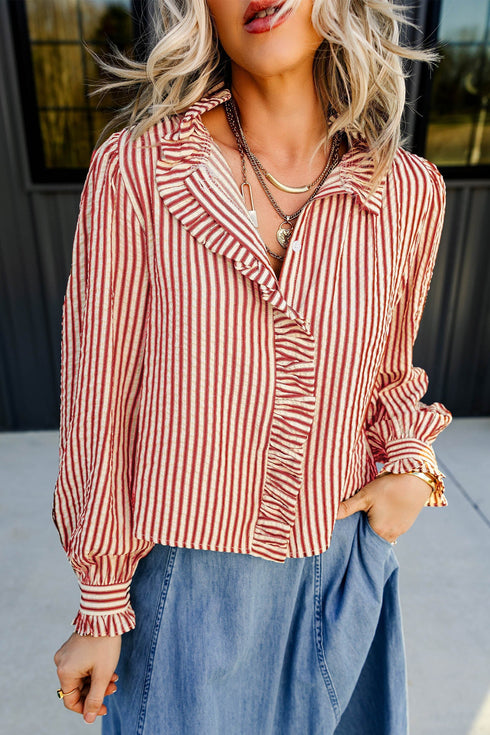 Striped Textured Ruffle Trim Button Up Long Sleeve Shirt