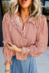 Striped Textured Ruffle Trim Button Up Long Sleeve Shirt