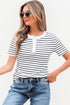 Striped Textured Short Sleeve Button Front Henley Top