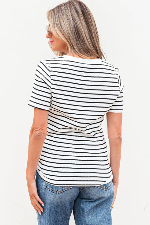 Striped Textured Short Sleeve Button Front Henley Top