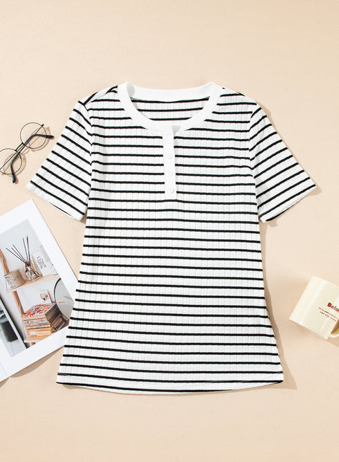 Striped Textured Short Sleeve Button Front Henley Top