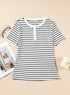 Striped Textured Short Sleeve Button Front Henley Top