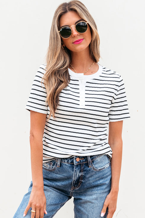 Striped Textured Short Sleeve Button Front Henley Top
