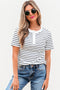Striped Textured Short Sleeve Button Front Henley Top