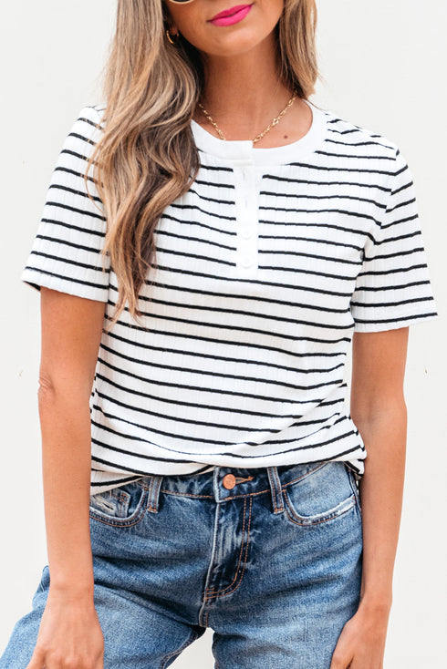Striped Textured Short Sleeve Button Front Henley Top