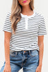 Striped Textured Short Sleeve Button Front Henley Top