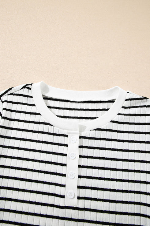 Striped Textured Short Sleeve Button Front Henley Top