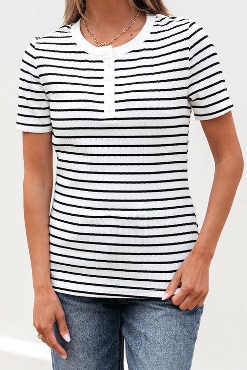 Striped Textured Short Sleeve Button Front Henley Top