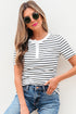 Striped Textured Short Sleeve Button Front Henley Top