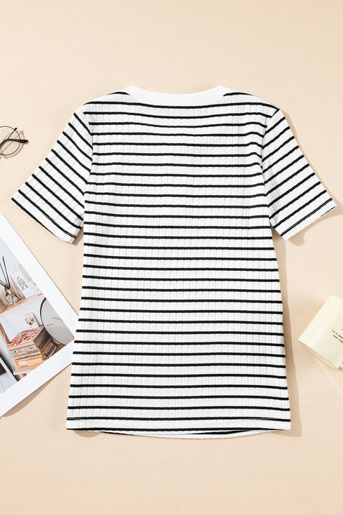 Striped Textured Short Sleeve Button Front Henley Top
