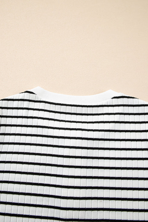Striped Textured Short Sleeve Button Front Henley Top