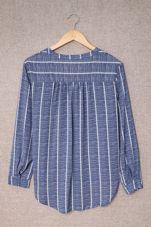 Striped Textured Split Neck Button Front Shirt