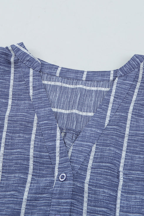 Striped Textured Split Neck Button Front Shirt