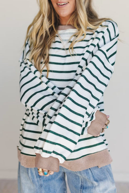 Striped Textured Trim Relaxed Fit Pullover Top