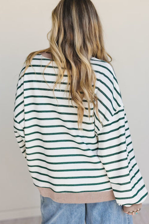 Striped Textured Trim Relaxed Fit Pullover Top