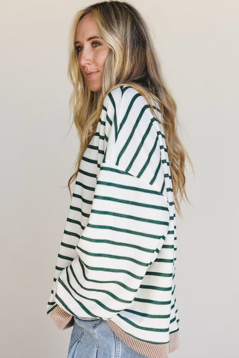 Striped Textured Trim Relaxed Fit Pullover Top