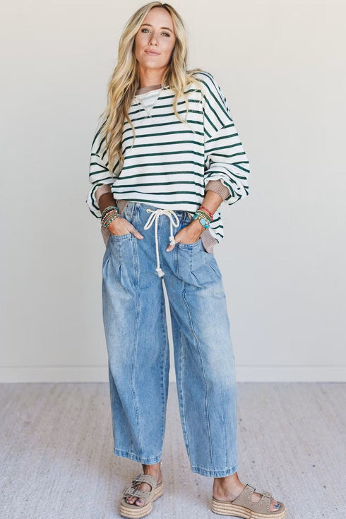 Striped Textured Trim Relaxed Fit Pullover Top