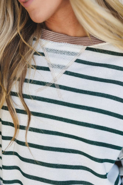 Striped Textured Trim Relaxed Fit Pullover Top