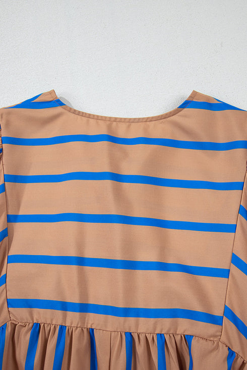 Striped Three Quarter Sleeve Babydoll Plus Size Mini Dress