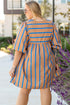 Striped Three Quarter Sleeve Babydoll Plus Size Mini Dress