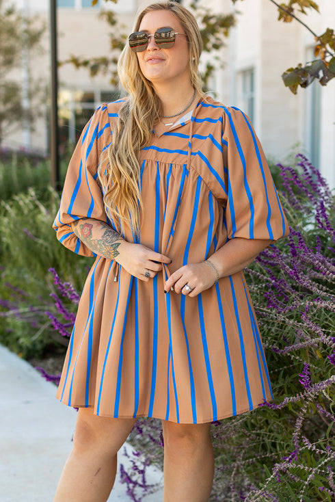 Striped Three Quarter Sleeve Babydoll Plus Size Mini Dress