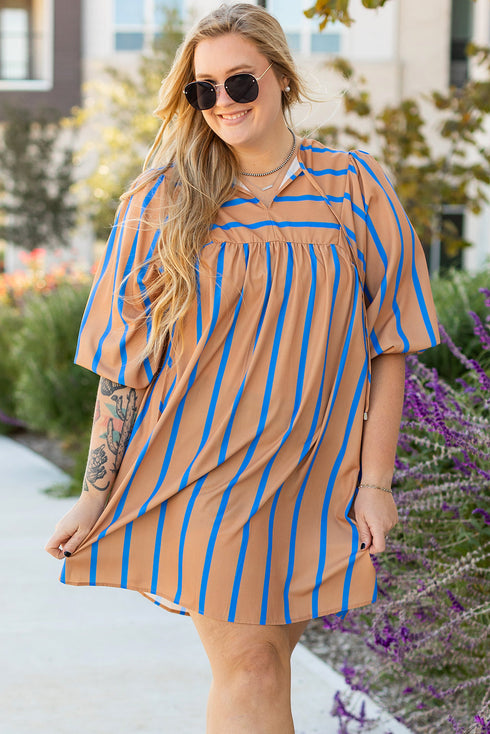 Striped Three Quarter Sleeve Babydoll Plus Size Mini Dress