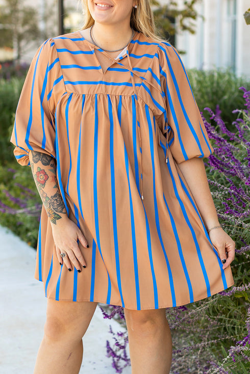 Striped Three Quarter Sleeve Babydoll Plus Size Mini Dress