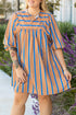 Striped Three Quarter Sleeve Babydoll Plus Size Mini Dress