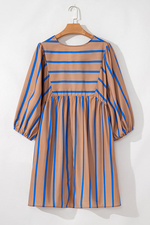 Striped Three Quarter Sleeve Babydoll Plus Size Mini Dress