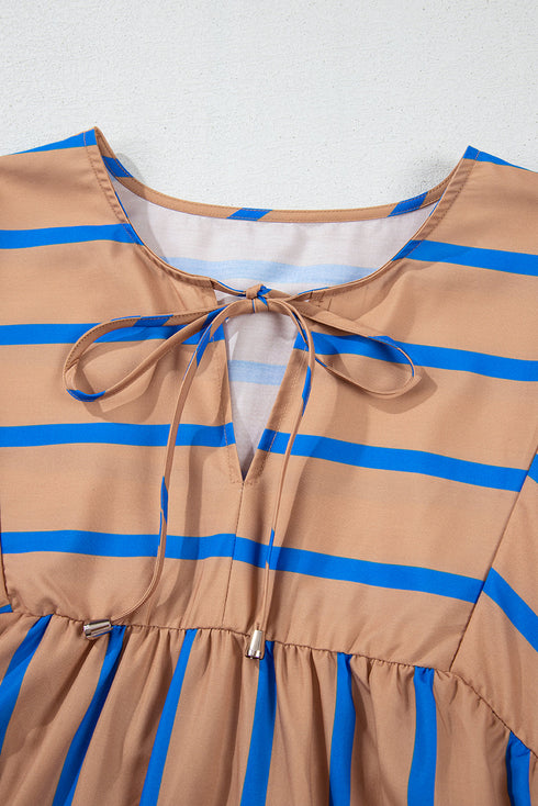 Striped Three Quarter Sleeve Babydoll Plus Size Mini Dress