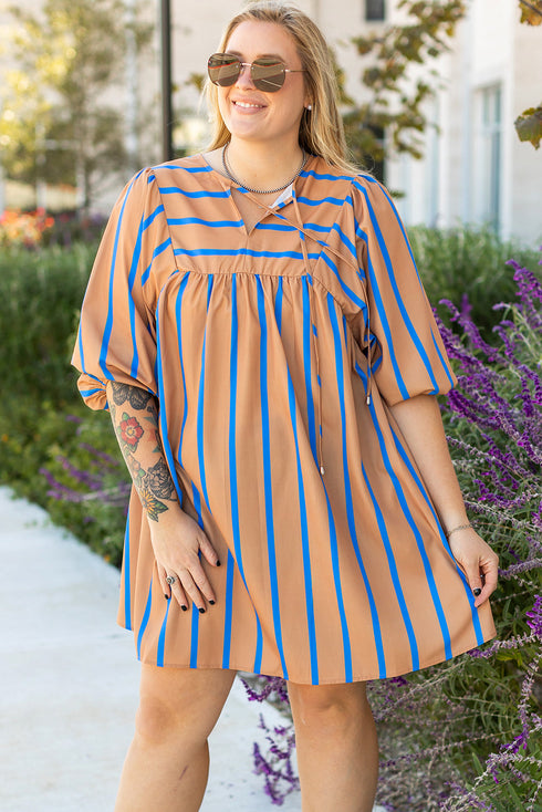 Striped Three Quarter Sleeve Babydoll Plus Size Mini Dress