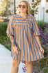 Striped Three Quarter Sleeve Babydoll Plus Size Mini Dress
