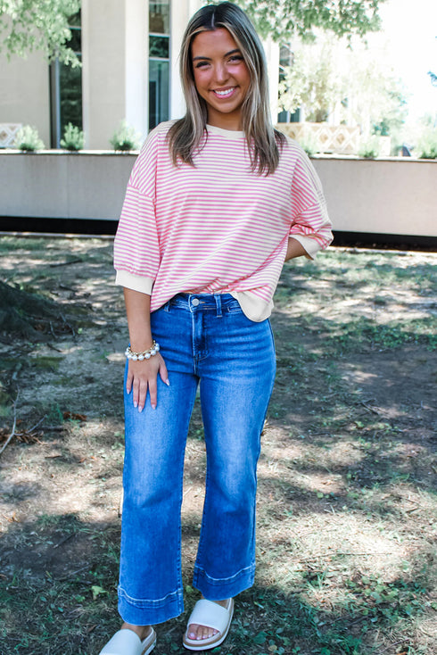 Striped Three Quarter Sleeve Drop Shoulder Cotton Blend Top