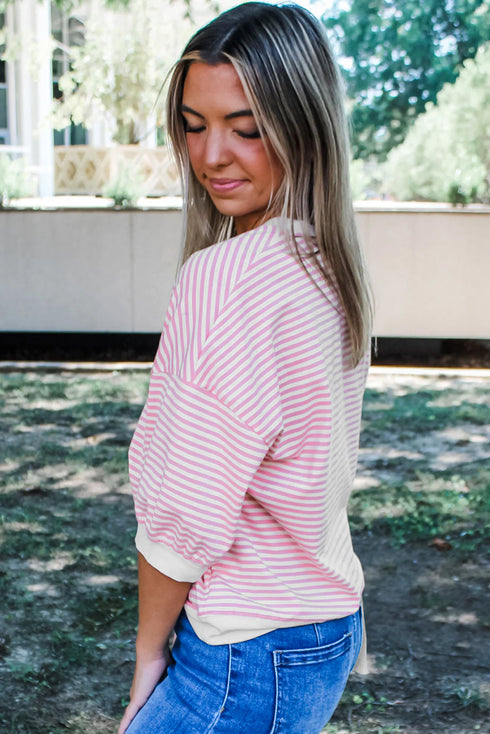 Striped Three Quarter Sleeve Drop Shoulder Cotton Blend Top