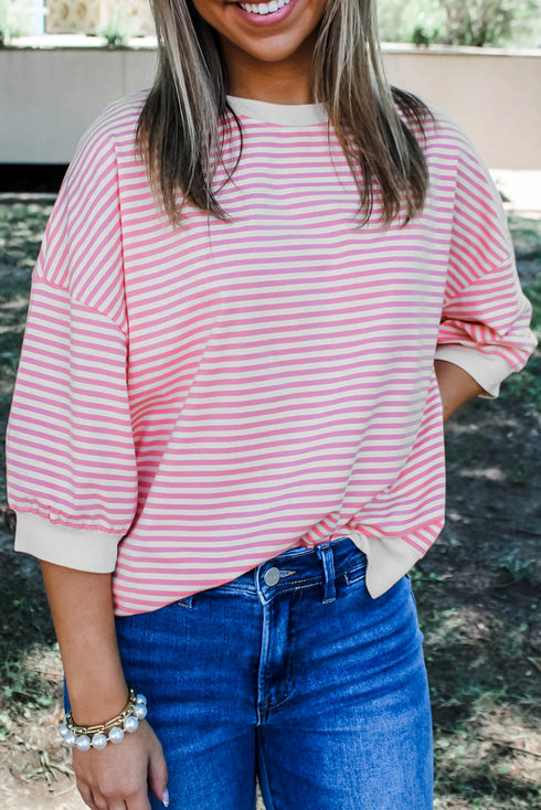 Striped Three Quarter Sleeve Drop Shoulder Cotton Blend Top