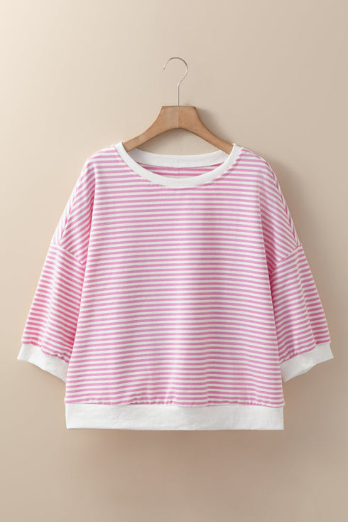 Striped Three Quarter Sleeve Drop Shoulder Cotton Blend Top