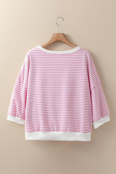 Striped Three Quarter Sleeve Drop Shoulder Cotton Blend Top