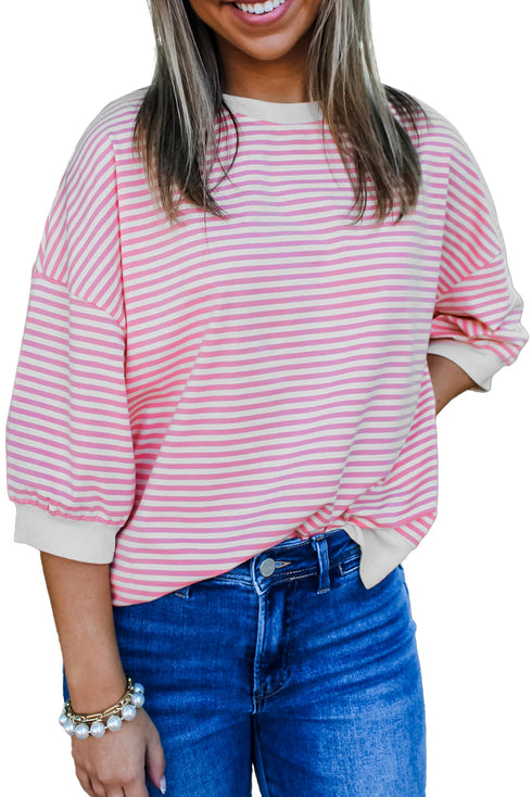 Striped Three Quarter Sleeve Drop Shoulder Cotton Blend Top