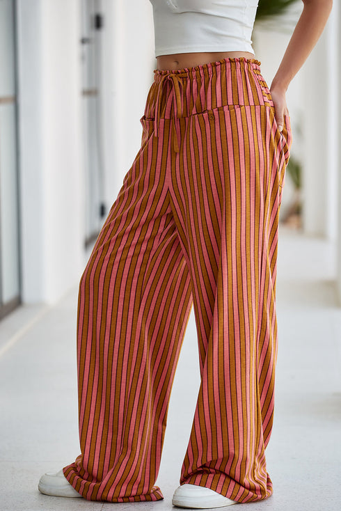 Striped Tie Waist Button Pocket Wide Leg Pants