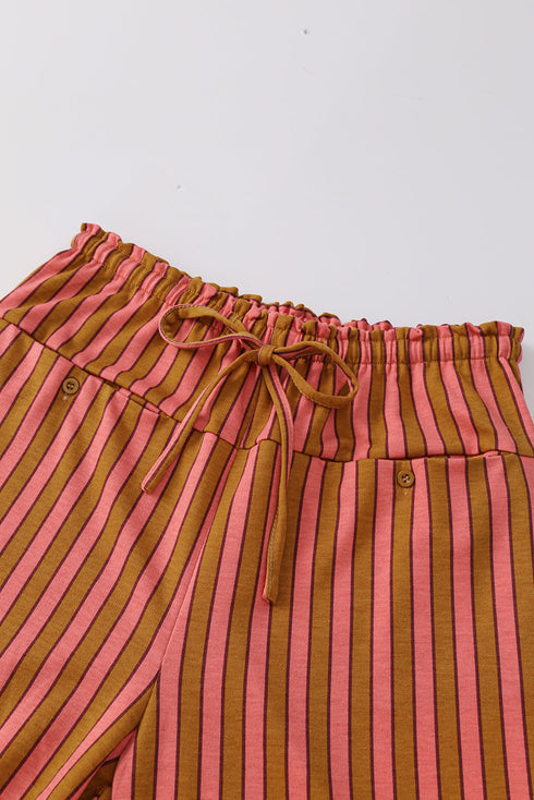 Striped Tie Waist Button Pocket Wide Leg Pants